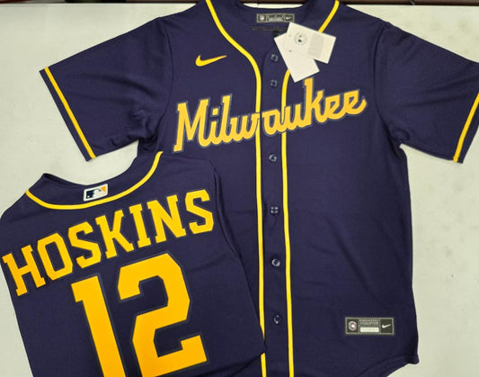 Nike Milwaukee Brewers RHYS HOSKINS Sewn Baseball Jersey BLUE