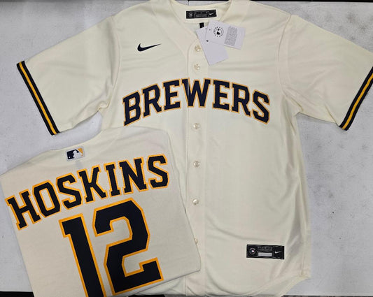Nike Milwaukee Brewers RHYS HOSKINS Sewn Baseball Jersey IVORY