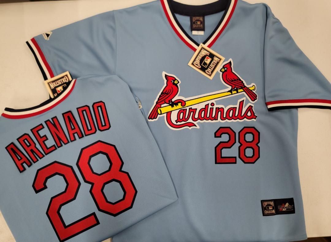 Mens Majestic Cooperstown Collection St Louis Cardinals NOLAN ARENADO Baseball Jersey Powder Blue