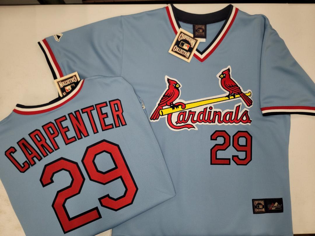 Mens Majestic Cooperstown Collection St Louis Cardinals CHRIS CARPENTER Baseball Jersey Powder Blue