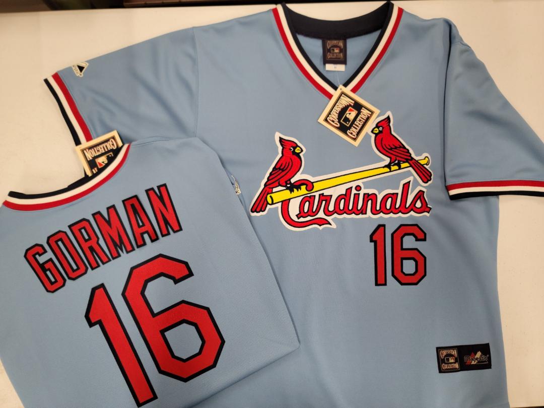 Mens Majestic Cooperstown Collection St Louis Cardinals NOLAN GORMAN Baseball Jersey Powder Blue