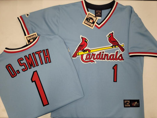 Mens Majestic Cooperstown Collection St Louis Cardinals OZZIE SMITH Baseball Jersey Powder Blue