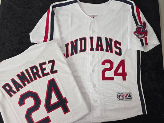 Majestic Cleveland Indians MANNY RAMIREZ Vintage Throwback Baseball Jersey WHITE