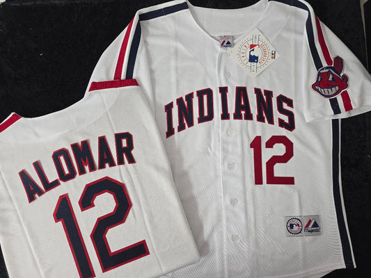 Majestic Cleveland Indians ROBERTO ALOMAR Vintage Throwback Baseball Jersey WHITE