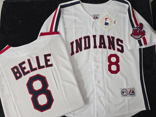 Majestic Cleveland Indians ALBERT BELLE Vintage Throwback Baseball Jersey WHITE