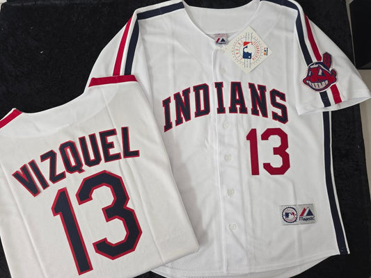 Majestic Cleveland Indians OMAR VIZQUEL Vintage Throwback Baseball Jersey WHITE
