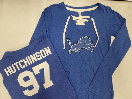 Womens Ladies Detroit Lions AIDEN HUTCHINSON "Laces" Long Sleeve Football Jersey SHIRT ROYAL