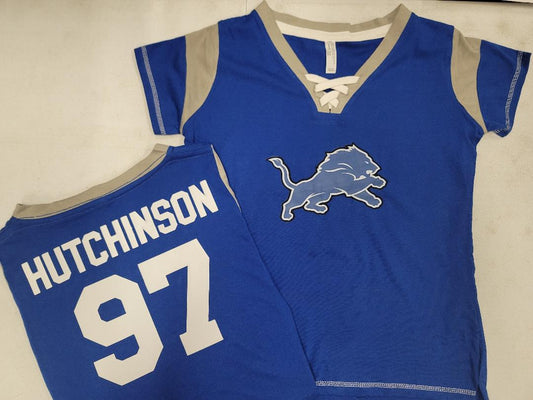 Womens Ladies Detroit Lions AIDEN HUTCHINSON "Laces" Football Jersey SHIRT ROYAL New