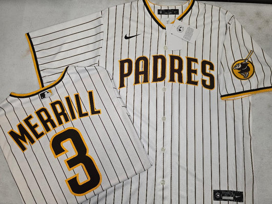 Mens NIKE San Diego Padres JACKSON MERRILL Sewn JERSEY White P/S