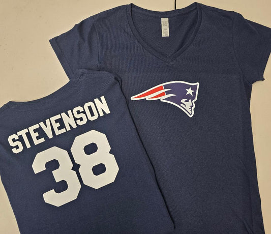 NFL Team Apparel Womens New England Patriots RHAMONDRE STEVENSON V-Neck Football Shirt NAVY