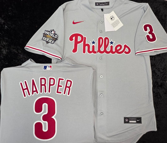 Nike Philadelphia Phillies BRYCE HARPER Sewn 2022 World Series Baseball Jersey GRAY