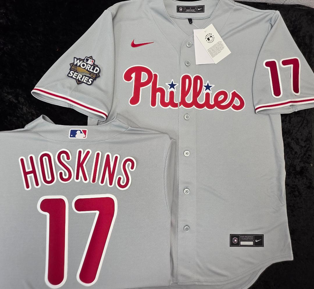 Nike Philadelphia Phillies RHYS HOSKINS Sewn 2022 World Series Baseball Jersey GRAY