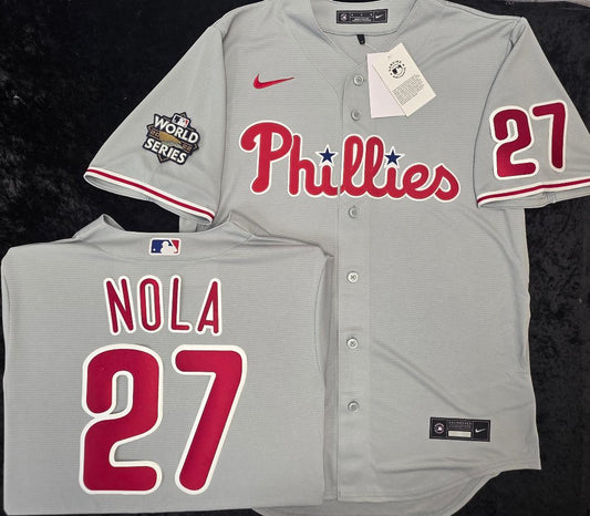 Nike Philadelphia Phillies AARON NOLA Sewn 2022 World Series Baseball Jersey GRAY