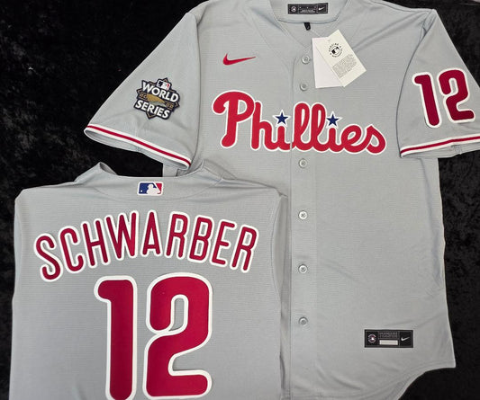 Nike Philadelphia Phillies KYLE SCHWARBER Sewn 2022 World Series Baseball Jersey GRAY