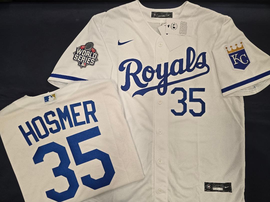 Nike Kansas City Royals ERIC HOSMER 2015 WORLD SERIES Sewn Baseball Jersey WHITE