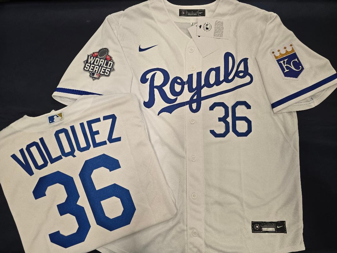 Nike Kansas City Royals EDINSON VOLQUEZ 2015 WORLD SERIES Sewn Baseball Jersey WHITE