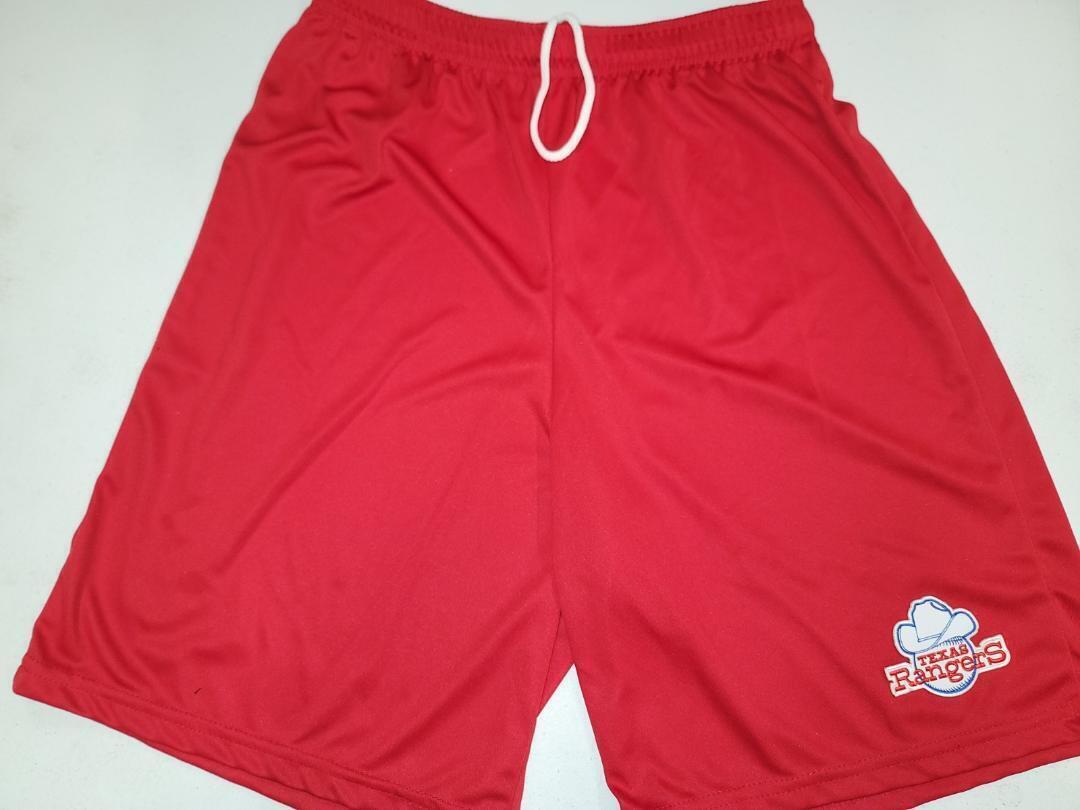 Mens MLB TEXAS RANGERS Moisture Wick Dri Fit SHORTS Embroidered Logo W/POCKETS RED