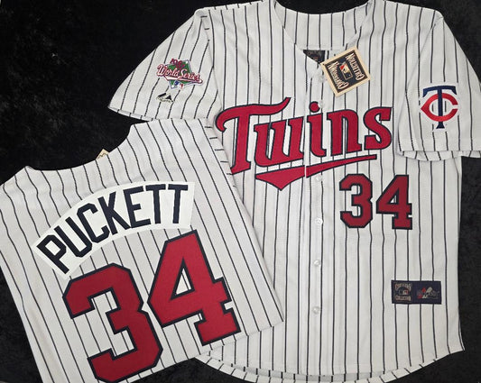 Majestic Minnesota Twins KIRBY PUCKETT 1987 World Series Baseball Jersey White P/S
