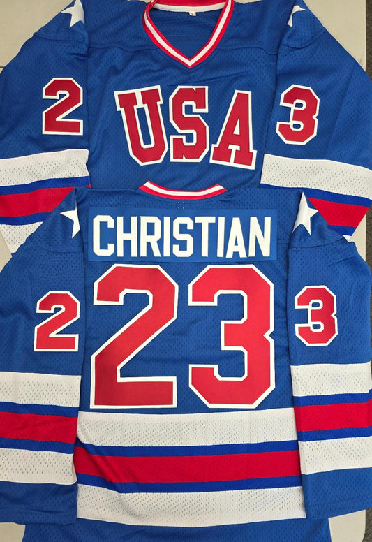 Mens DAVE CHRISTIAN 1980 Miracle On Ice Hockey Jersey BLUE