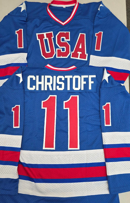 Mens STEVE CHRISTOFF 1980 Miracle On Ice Hockey Jersey BLUE