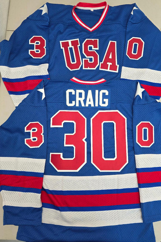 Mens JIM CRAIG 1980 Miracle On Ice Hockey Jersey BLUE