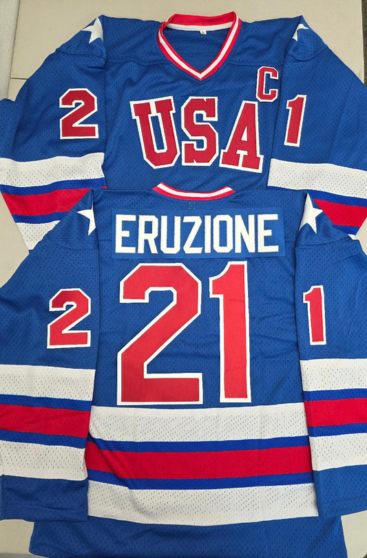 Mens MIKE ERUZIONE 1980 Miracle On Ice Hockey Jersey BLUE