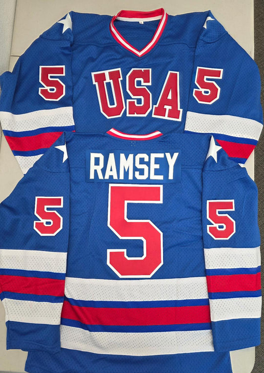 Mens MIKE RAMSEY 1980 Miracle On Ice Hockey Jersey BLUE