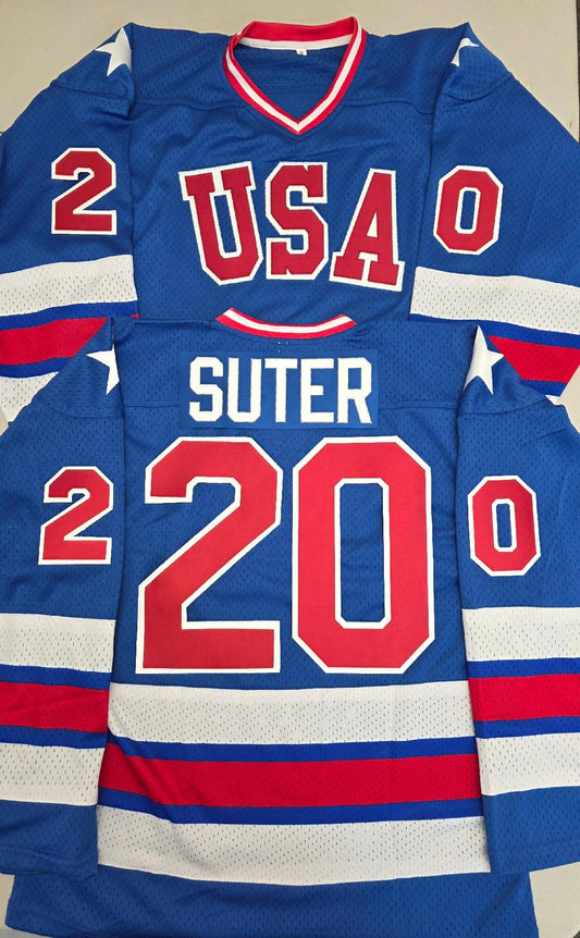Mens BOB SUTER 1980 Miracle On Ice Hockey Jersey BLUE