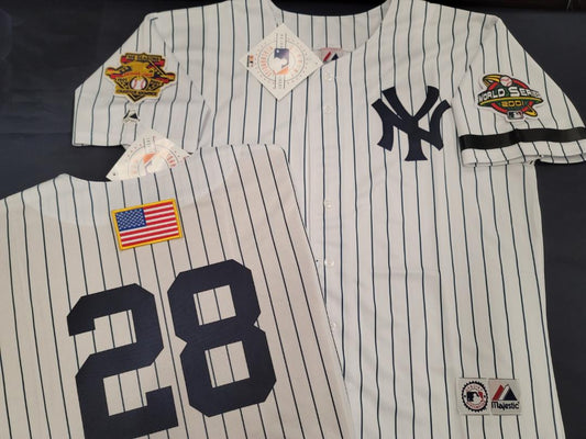 Majestic New York Yankees DAVID JUSTICE 2001 World Series Baseball JERSEY White P/S (9/11 Memorial)