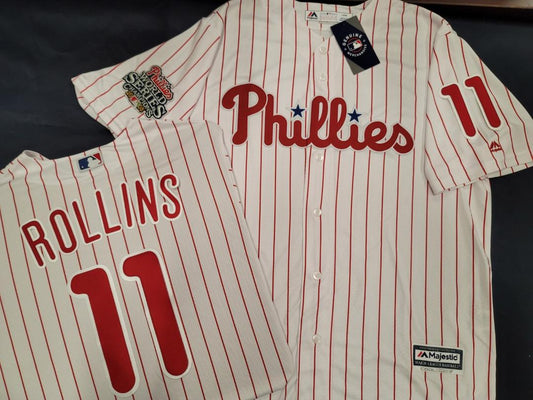 Majestic Philadelphia Phillies JIMMY ROLLINS 2008 World Series Champions Baseball Jersey WHT P/S