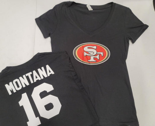 NFL Team Apparel Womens San Francisco 49ers JOE MONTANA V-Neck Football Shirt BLACK