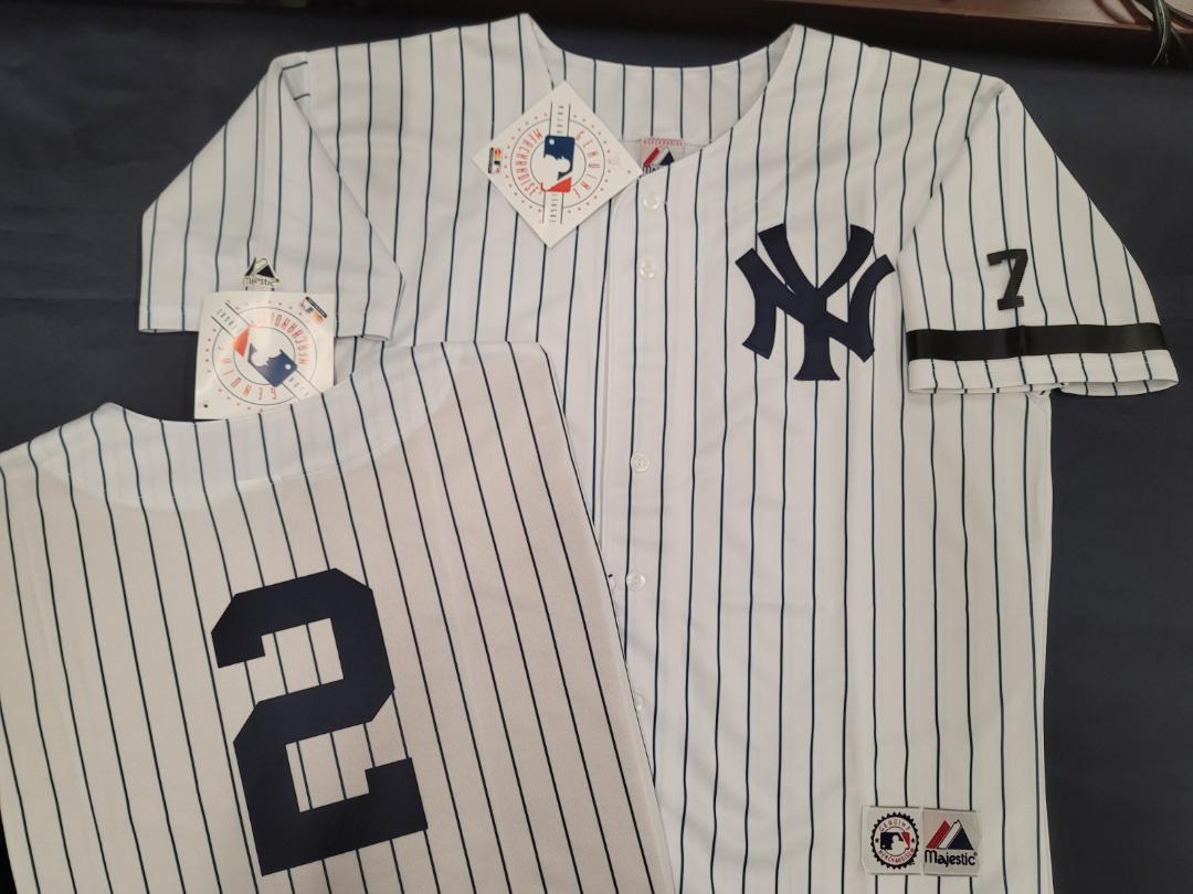 Majestic New York Yankees DEREK JETER 1995 Baseball JERSEY White P/S w/#7 (Mantle)