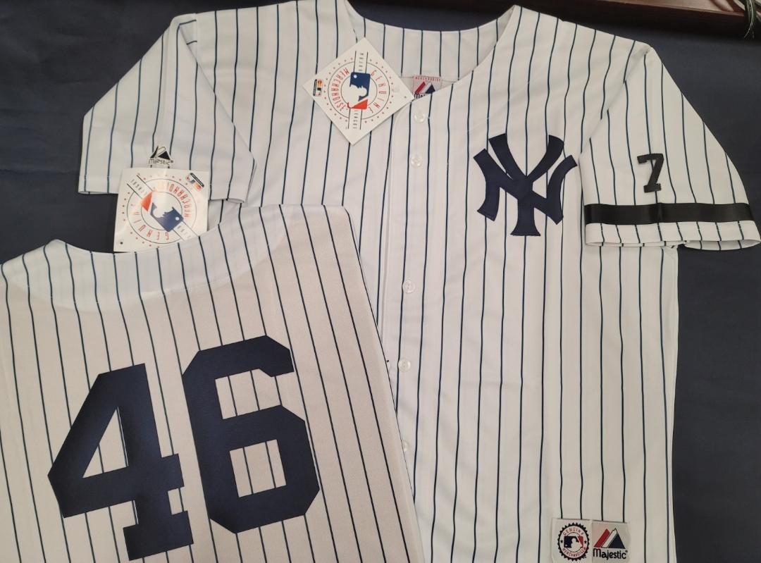 Majestic New York Yankees ANDY PETTITTE 1995 Baseball JERSEY White P/S w/#7 (Mantle)