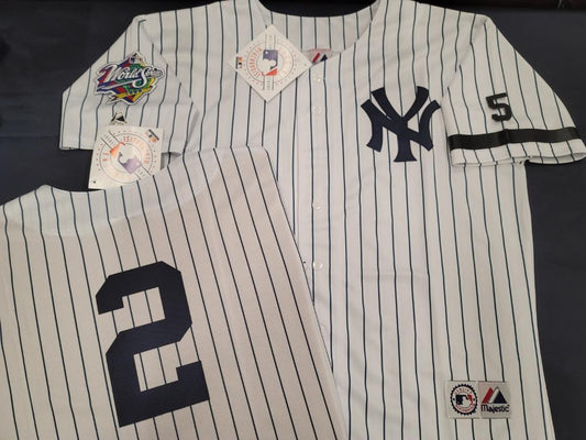 Majestic New York Yankees DEREK JETER 1999 World Series Baseball JERSEY White P/S (#5 Joe DiMaggio)