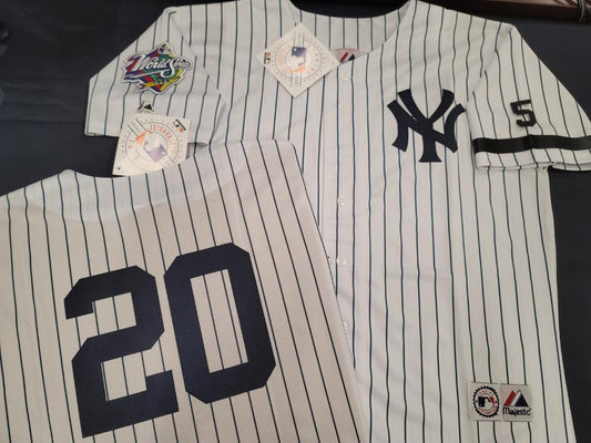 Majestic New York Yankees JORGE POSADA 1999 World Series Baseball JERSEY White P/S (#5 Joe DiMaggio)
