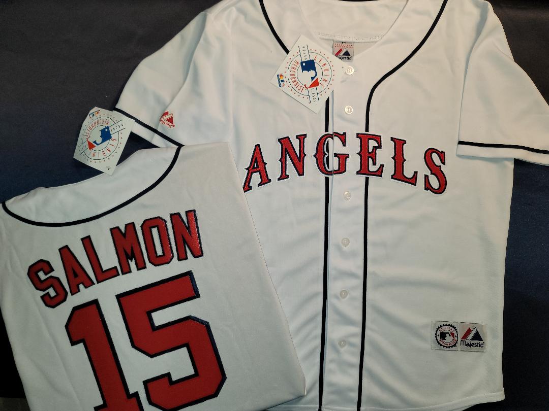 Majestic Anaheim Angels TIM SALMON Vintage Throwback Baseball Jersey WHITE