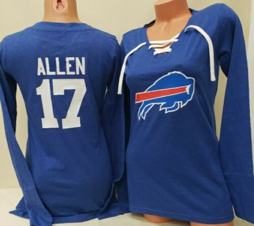 Womens Ladies Buffalo Bills JOSH ALLEN Long Sleeve "Laces" Football Jersey SHIRT Blue