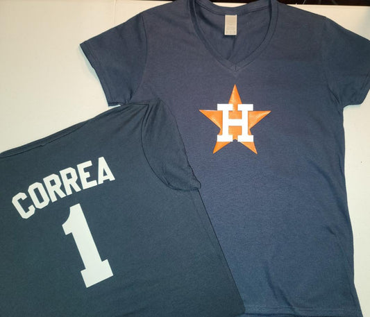 MLB Team Apparel Womens Houston Astros CARLOS CORREA V-Neck Baseball Shirt NAVY