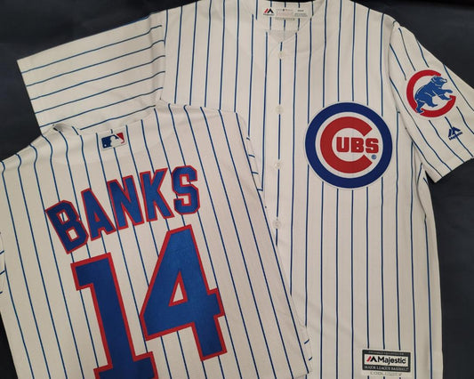 Majestic Chicago Cubs ERNIE BANKS Vintage Baseball Jersey WHITE P/S