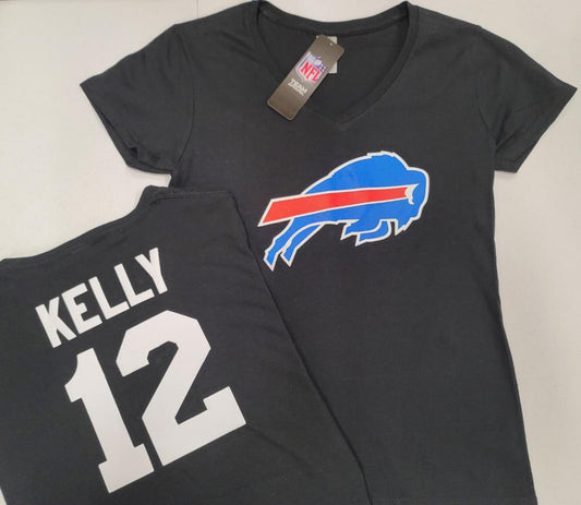 NFL Team Apparel Womens Buffalo Bills JIM KELLY V-Neck Football Shirt BLACK