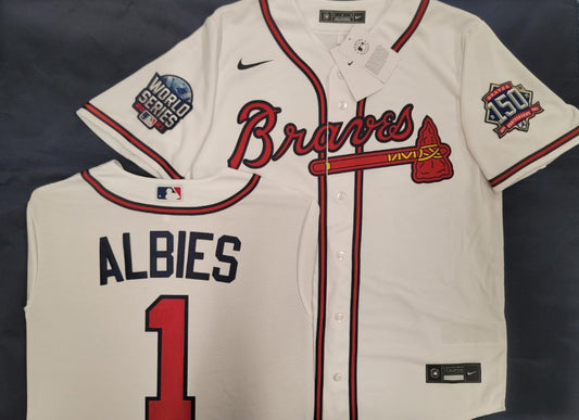 MENS Nike Atlanta Braves OZZIE ALBIES 2021 World Series SEWN Baseball JERSEY WHITE