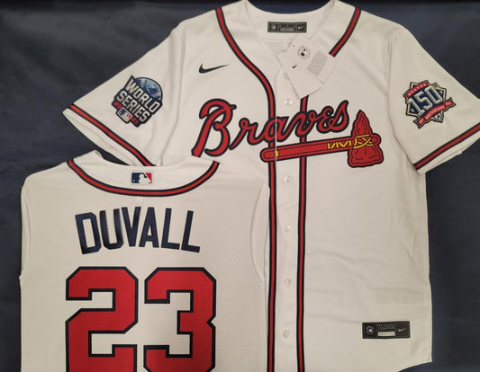 MENS Nike Atlanta Braves ADAM DUVALL 2021 World Series SEWN Baseball JERSEY WHITE