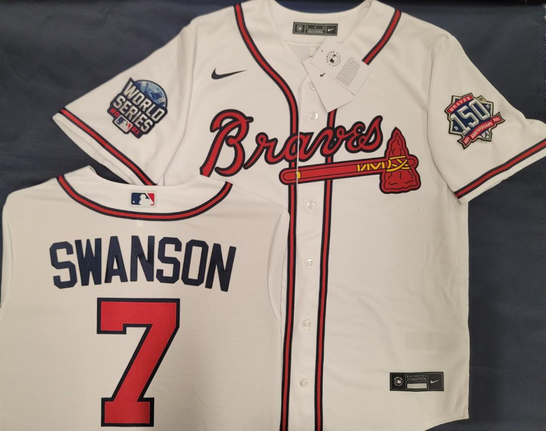 MENS Nike Atlanta Braves DANSBY SWANSON 2021 World Series SEWN Baseball JERSEY WHITE