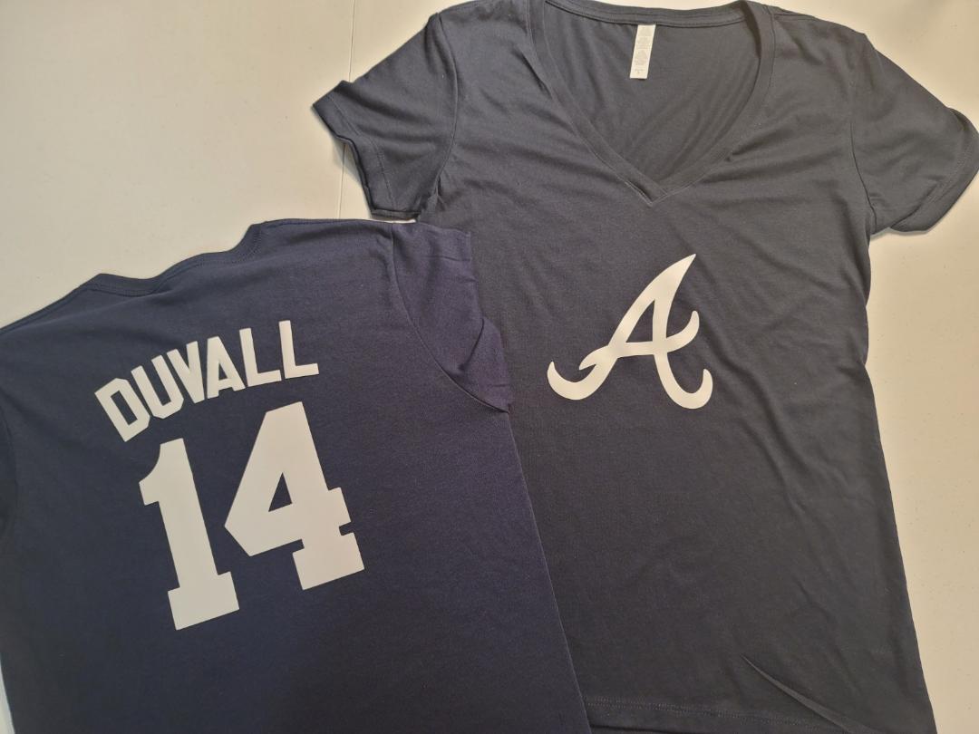 MLB Team Apparel Womens Atlanta Braves ADAM DUVALL V-Neck Baseball Shirt NAVY