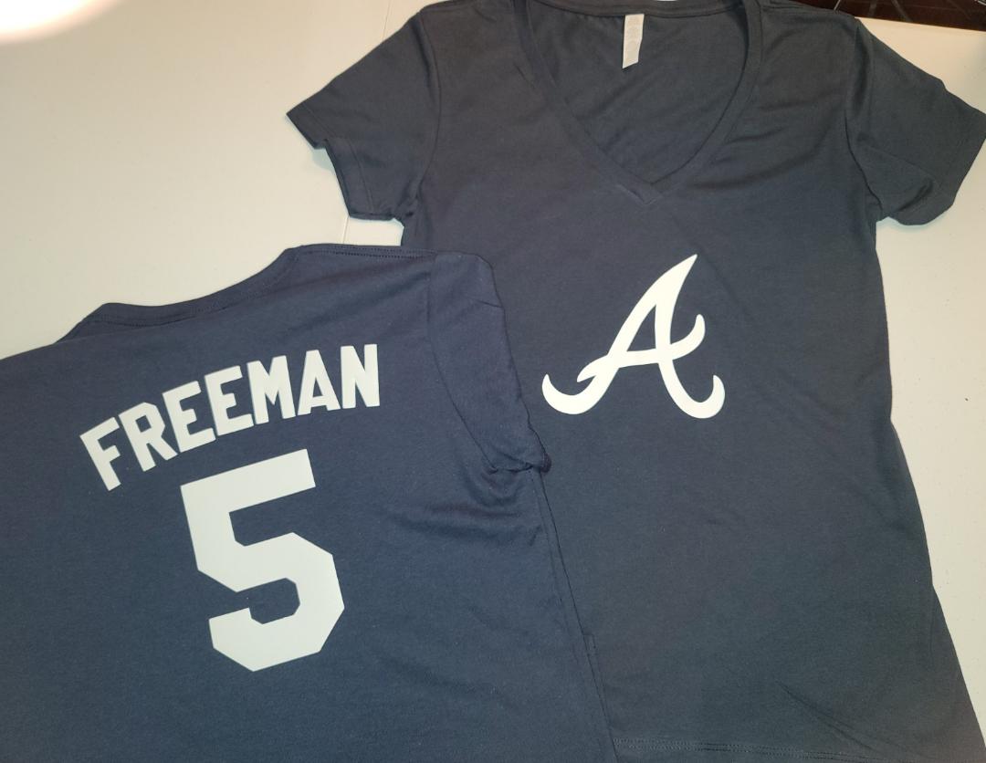 MLB Team Apparel Womens Atlanta Braves FREDDIE FREEMAN V-Neck Baseball Shirt NAVY
