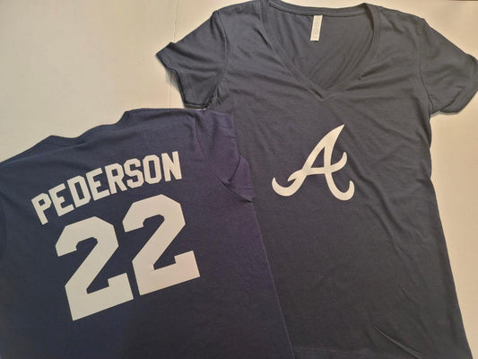 MLB Team Apparel Womens Atlanta Braves JOC PEDERSON V-Neck Baseball Shirt NAVY