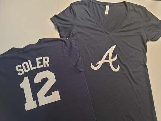 MLB Team Apparel Womens Atlanta Braves JORGE SOLER V-Neck Baseball Shirt NAVY