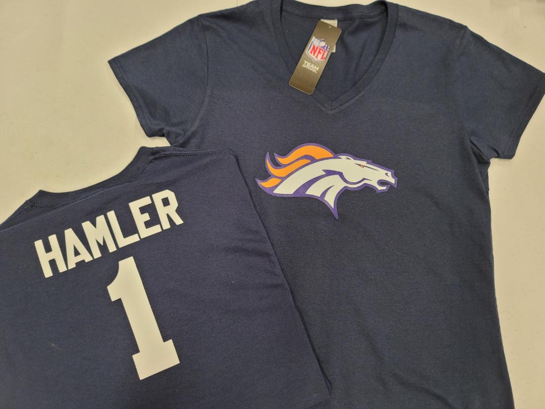 NFL Team Apparel Womens Denver Broncos KJ HAMLER V-Neck Football Shirt NAVY