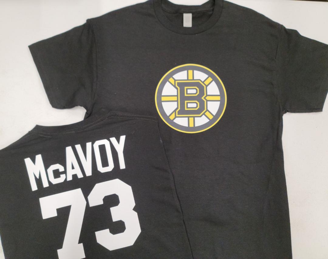 Mens NHL Team Apparel Boston Bruins CHARLIE McAVOY Hockey Shirt BLACK