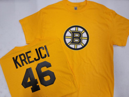 Mens NHL Team Apparel Boston Bruins DAVID KREJCI Hockey Shirt GOLD